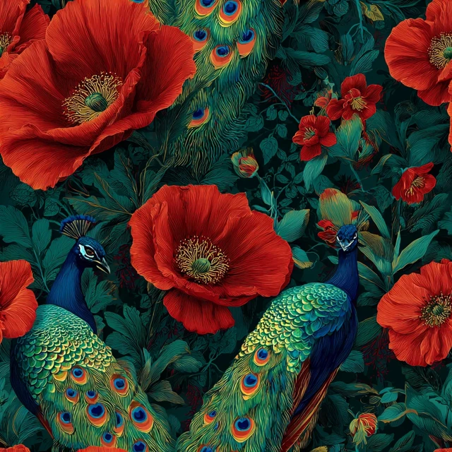 Peacock and Poppy Textile Design Decorative Art