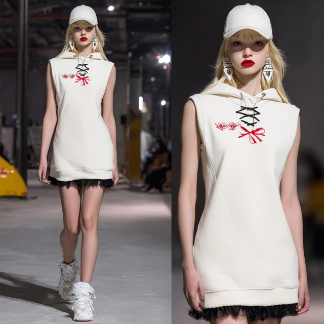 Fashion Model in Off White Sleeveless Dress