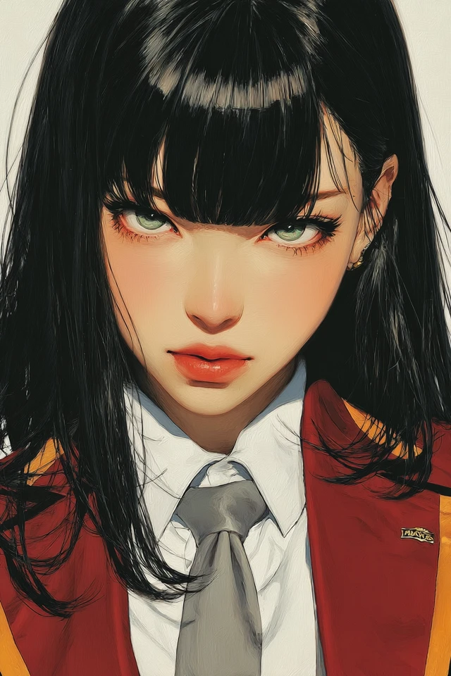 Anime Schoolgirl Portrait with Green Eyes