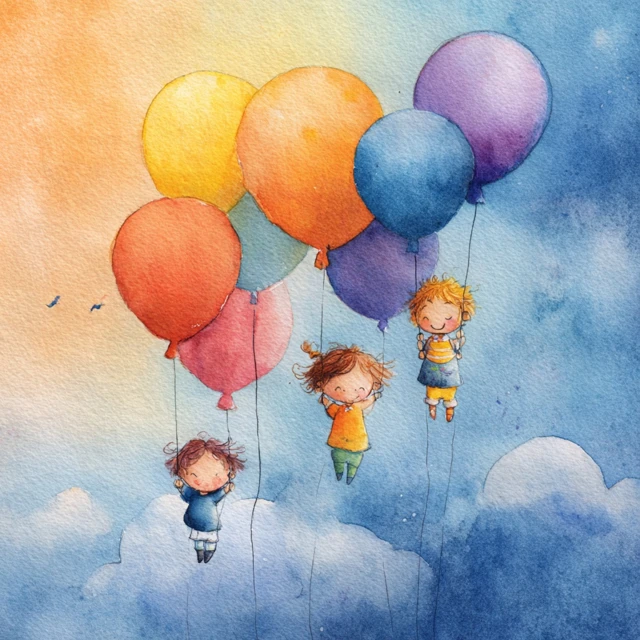 Watercolor Painting Children and Balloons
