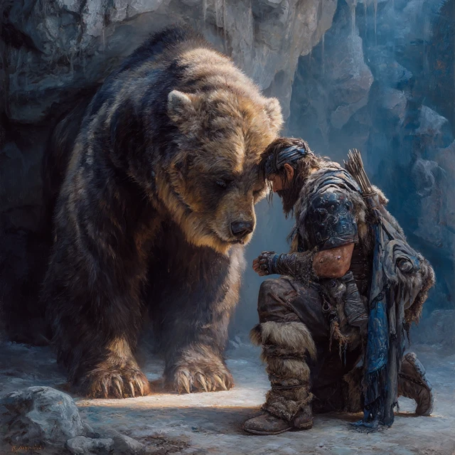 Barbarian Warrior and Bear Oil Painting