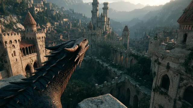 Dragon Overlooking Medieval Fortress