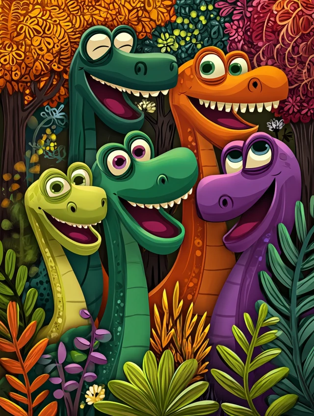 Cartoon Dinosaurs Smiling in a Forest