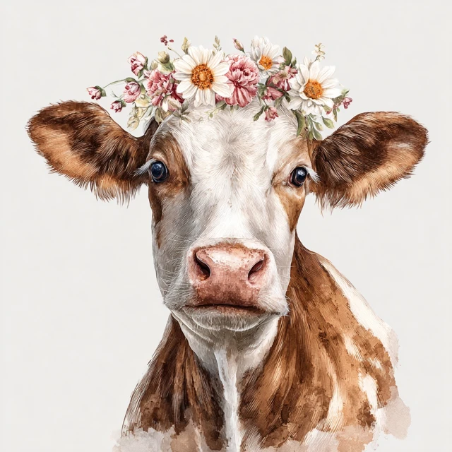 Cute Watercolor Cow with Flower Crown