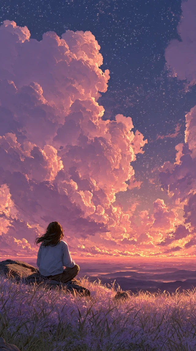 Dreamy Twilight Scene Girl Gazing at Clouds