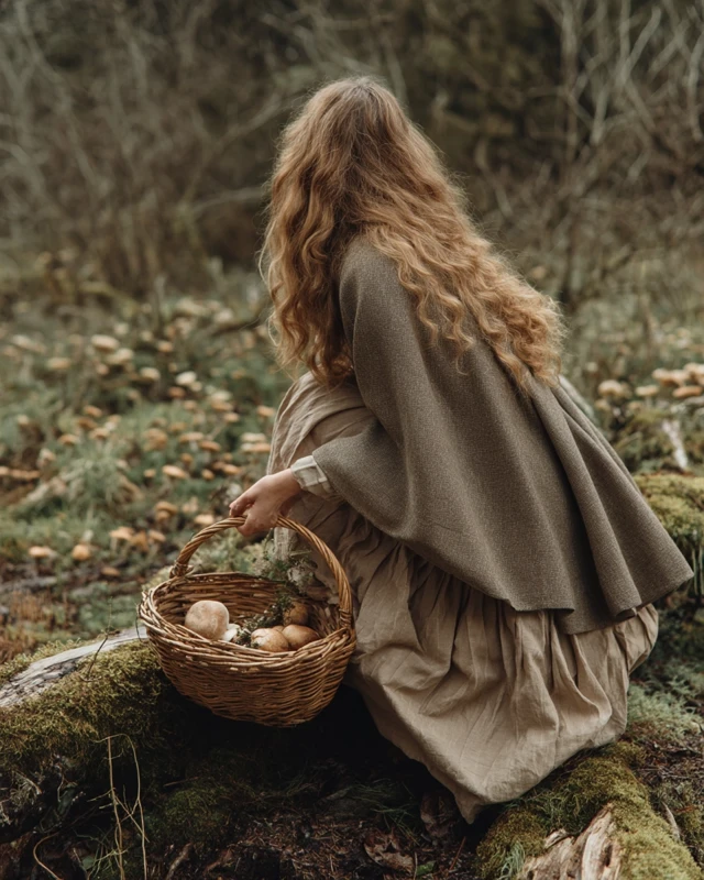 Cottagecore Forest Photo: Woman with Mushrooms