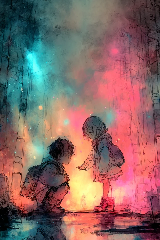Anime Illustration Girl Helping Boy in Misty Forest
