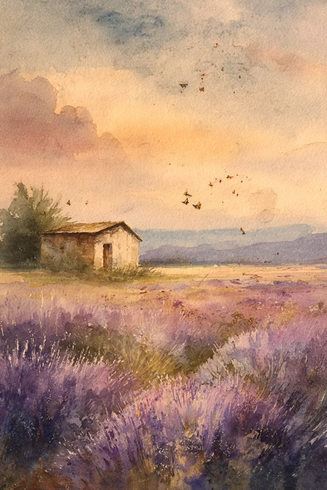 Lavender Field at Sunrise Watercolor Painting