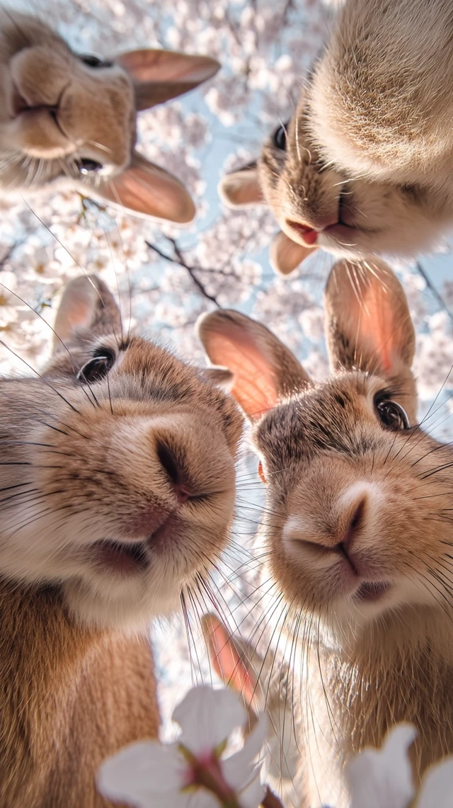 Adorable Rabbits Under Cherry Blossoms