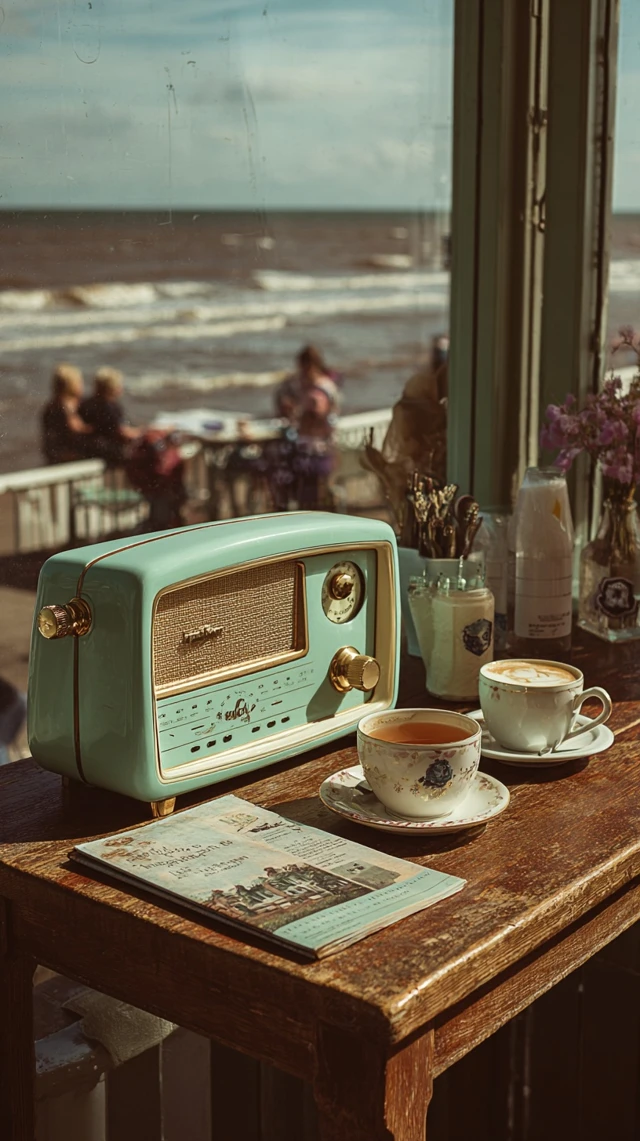 Vintage Radio and Tea Seaside Cafe Scene