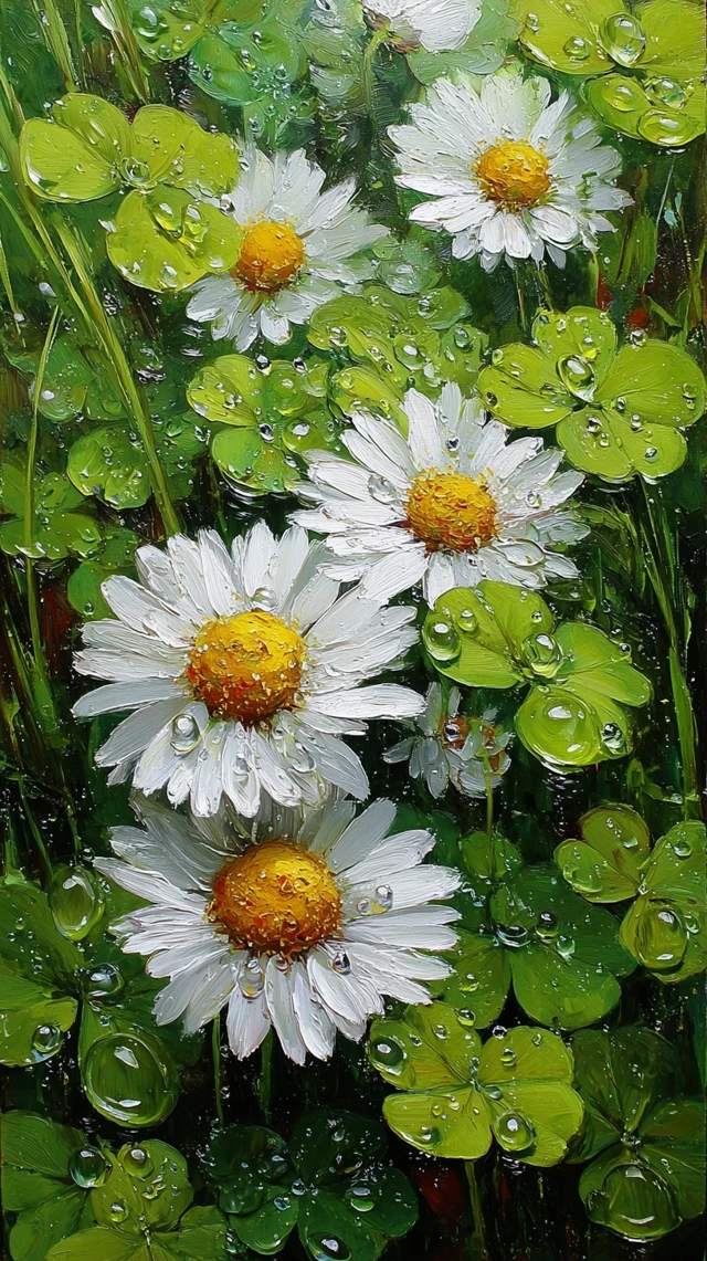 Four Leaf Clovers and Daisies After the Rain