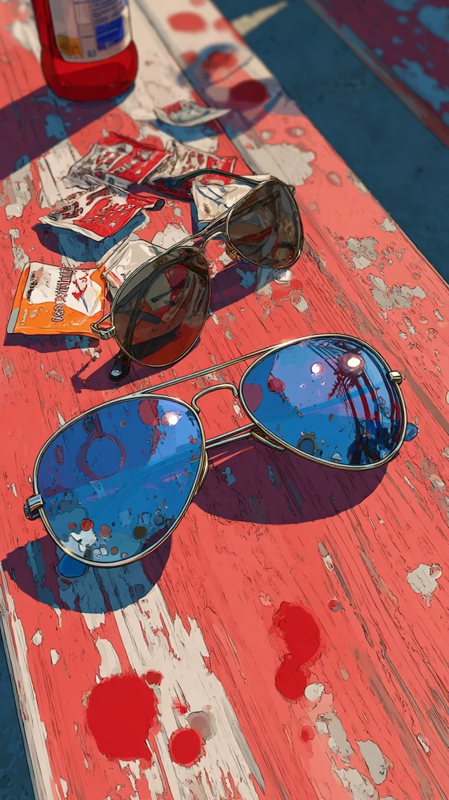Broken Sunglasses on Picnic Table 3D Art