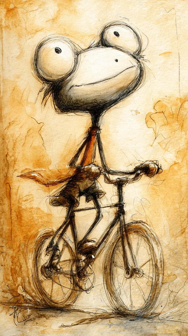 Cute Frog on Bicycle Watercolor Sketch