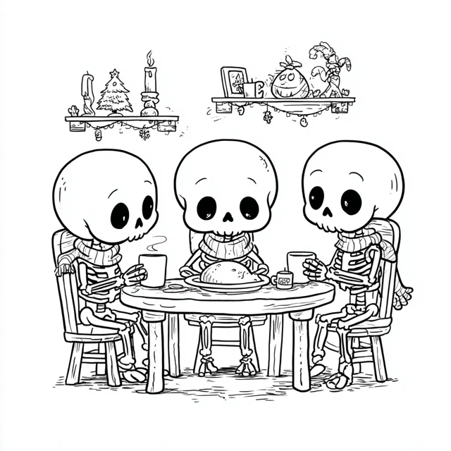 Cute Skeletons Thanksgiving Dinner Coloring Page