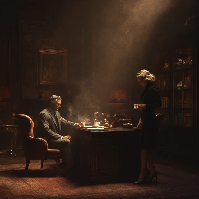 Luxurious Office Scene Man Taking Notes Woman with Coffee