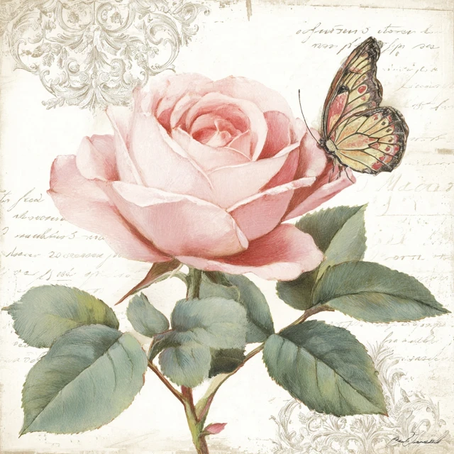 Vintage Watercolor Pink Rose Butterfly Art