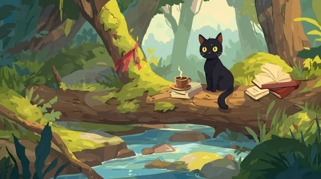 Cute Cartoon Cat in Forest Scene Relaxing with Coffee
