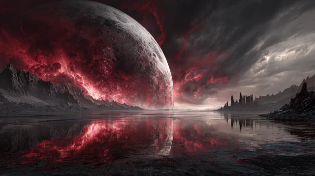 Surreal Alien Landscape with Crimson Moon Concept Art