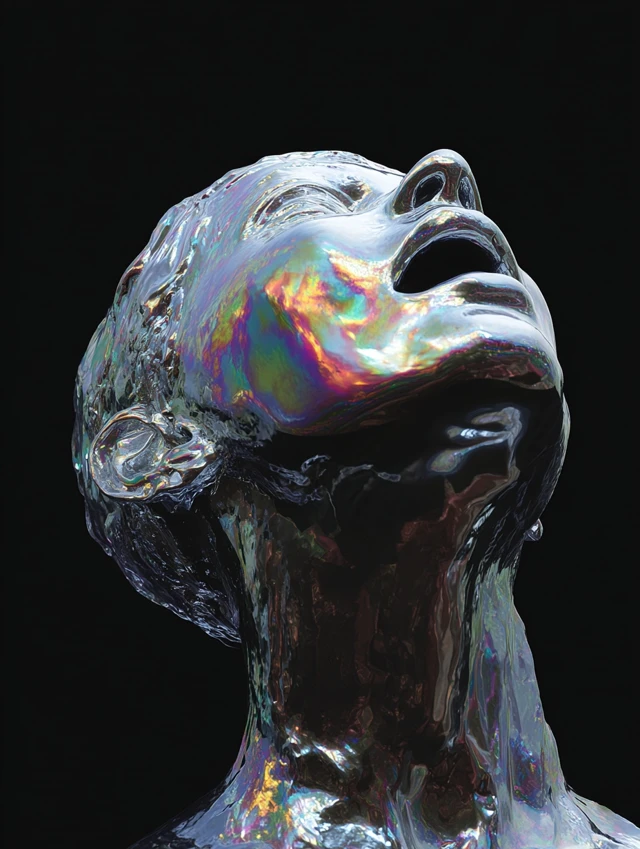 Iridescent Liquid Human Figure Against Black Background