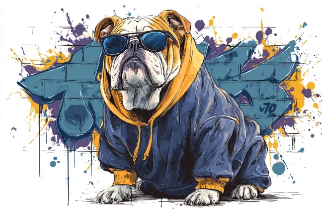 Cool Bulldog in Hoodie Graffiti Urban Cartoon Art