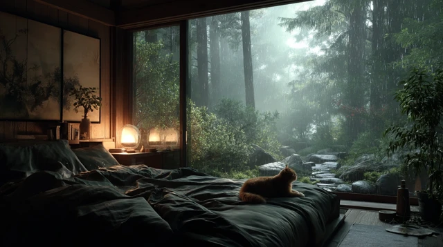 Japanese Bedroom Rainy Day Cat Peaceful Scene