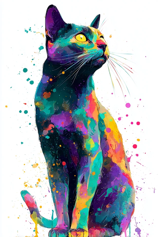 Colorful Cat Splash Painting Illustration