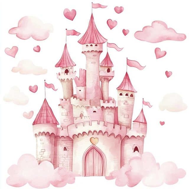 Whimsical Pink Fairytale Castle Watercolor Art