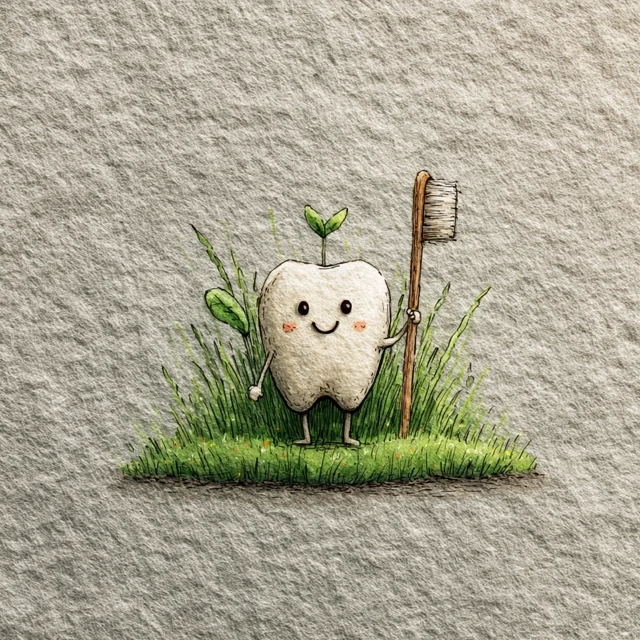 Cute Cartoon Tooth with Toothbrush in Meadow