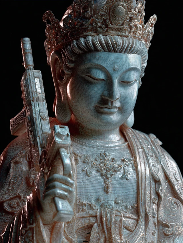 Bodhisattva Buddha Statue with Gun Photo Realistic
