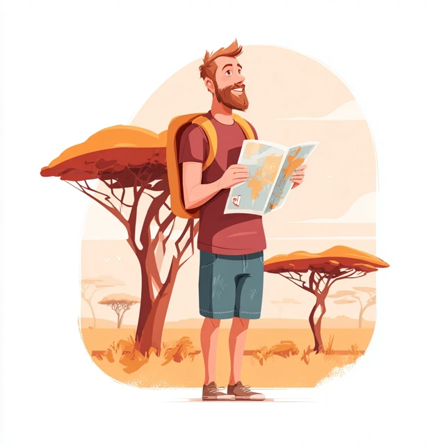Safari Adventure Man with Map in Maroon Tee
