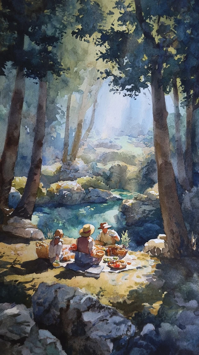 Picnic by the lake Watercolor Painting