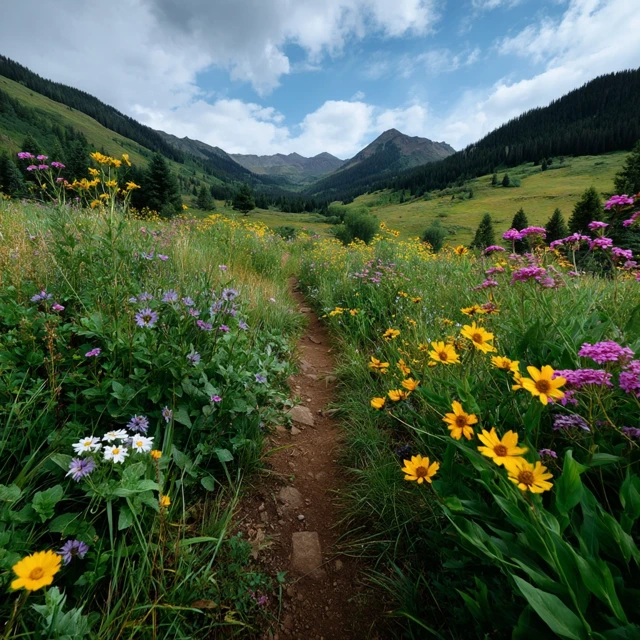 Colorado Mountain Trail View with Wildflowers