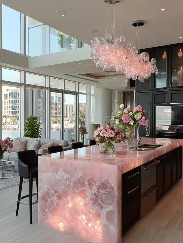 Luxury Pink Kitchen Island with Chandelier Design