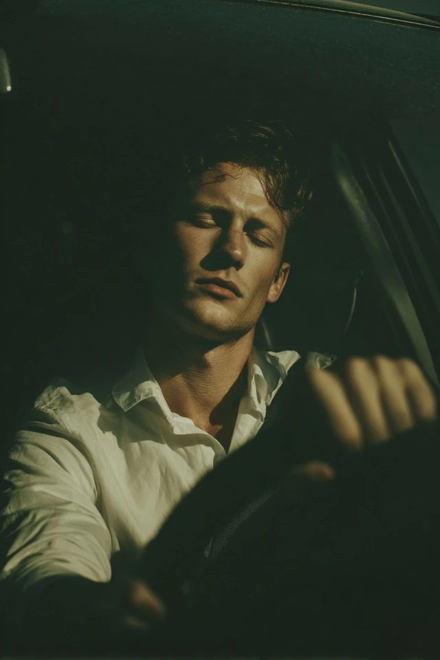 Man in Car Eyes Closed Shirt Driving