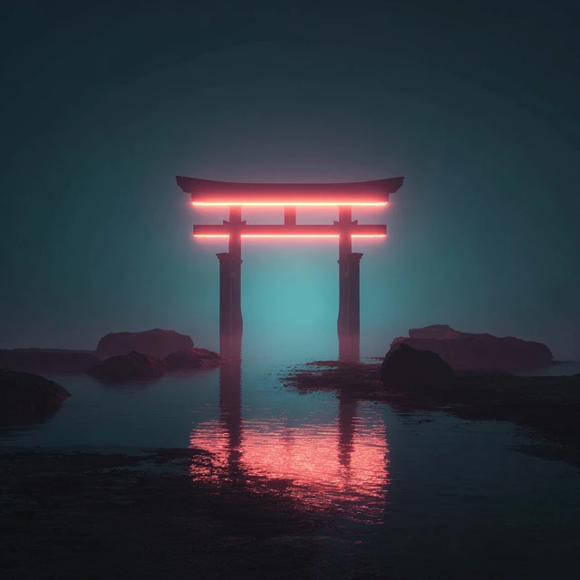 Neon Torii Gate in Foggy Landscape