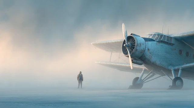 Foggy Airstrip Retro Plane Cinematic Scene
