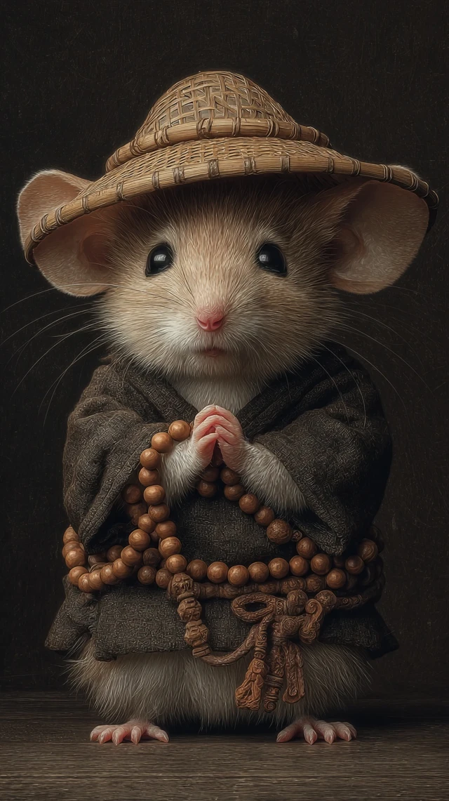 Cute Monk Mouse in Bamboo Hat Ancient Chinese Style