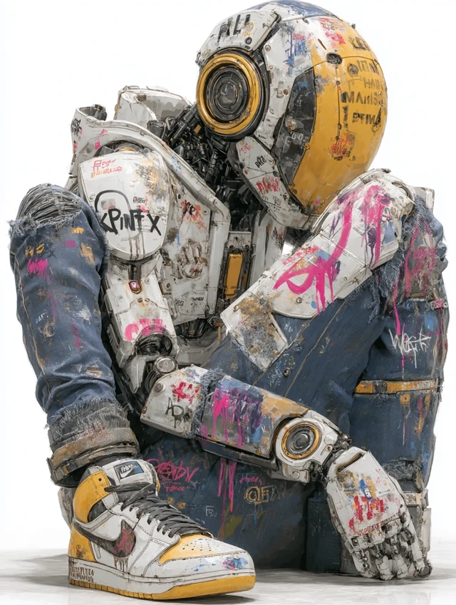 Graffiti Robot Art with Sneaker on White Background