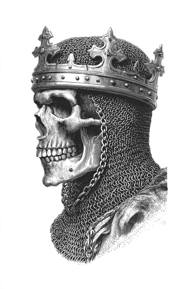 Skull King in Chainmail Crown Woodcut Art
