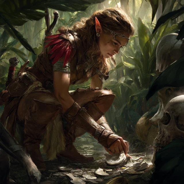 Fantasy Elf Artificer in Jungle Searching Artifacts