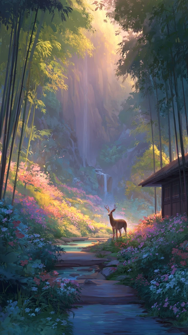 Anime Forest Deer Scene Waterfall Serene