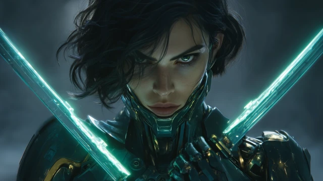 Sci-fi Indian Warrior with Glowing Swords