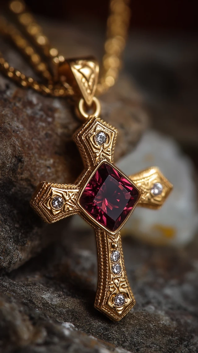 Victorian Crusader Cross Necklace Red Spinel Diamond Gold