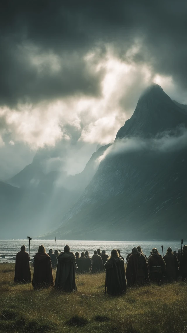 Viking Warriors Gathering Near Fjord Dramatic Scene