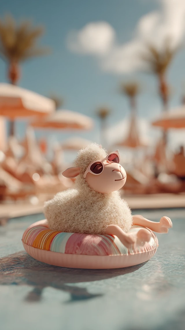 Cute Sheep Enjoying Summer Vacation at Beach Resort
