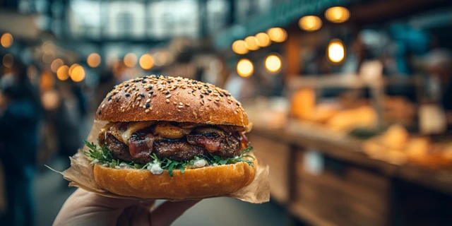 Gourmet Burger at Market Food Photography