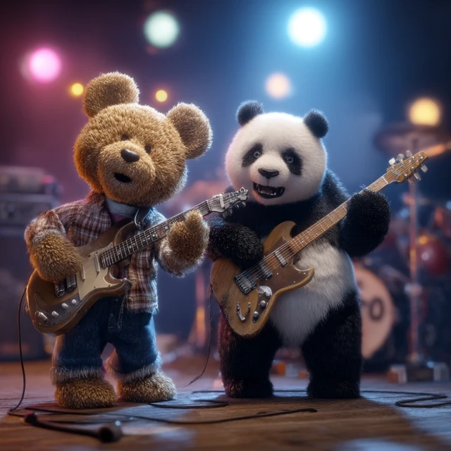 Teddy Bear and Panda Rock Band on Stage