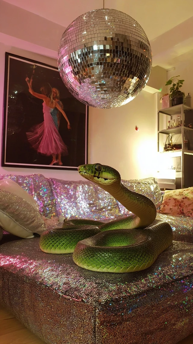 Green Snake on Sequin Sofa Retro Disco