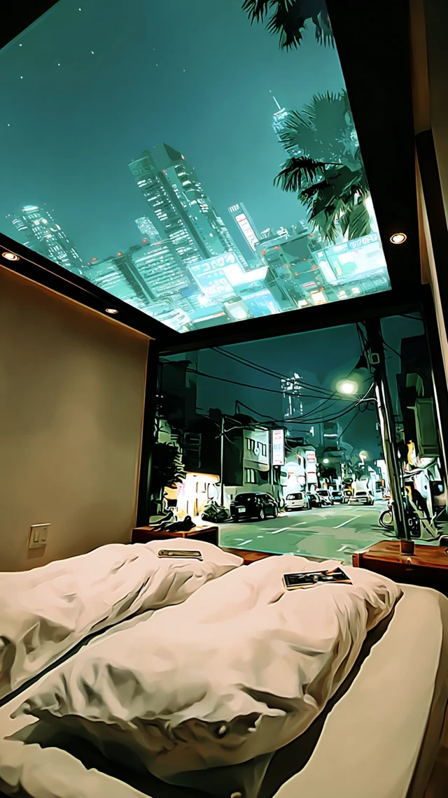 Cyberpunk Osaka Room View Neon Skyline Pixel Art