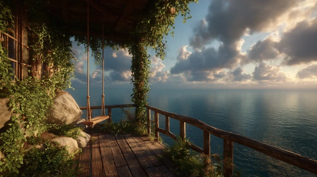 Seaside Treehouse Balcony Overlooking Ocean Tranquility